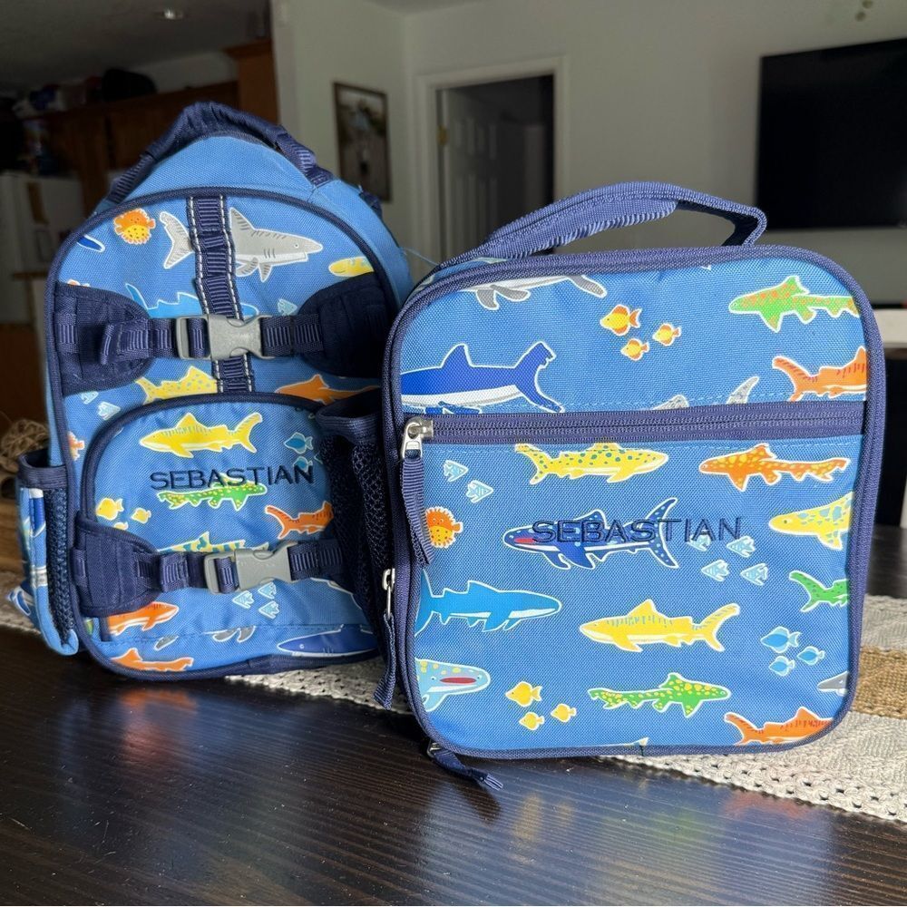 Pottery Barn Kids Sebastian Blue Shark Back Pack Lunch Box Set